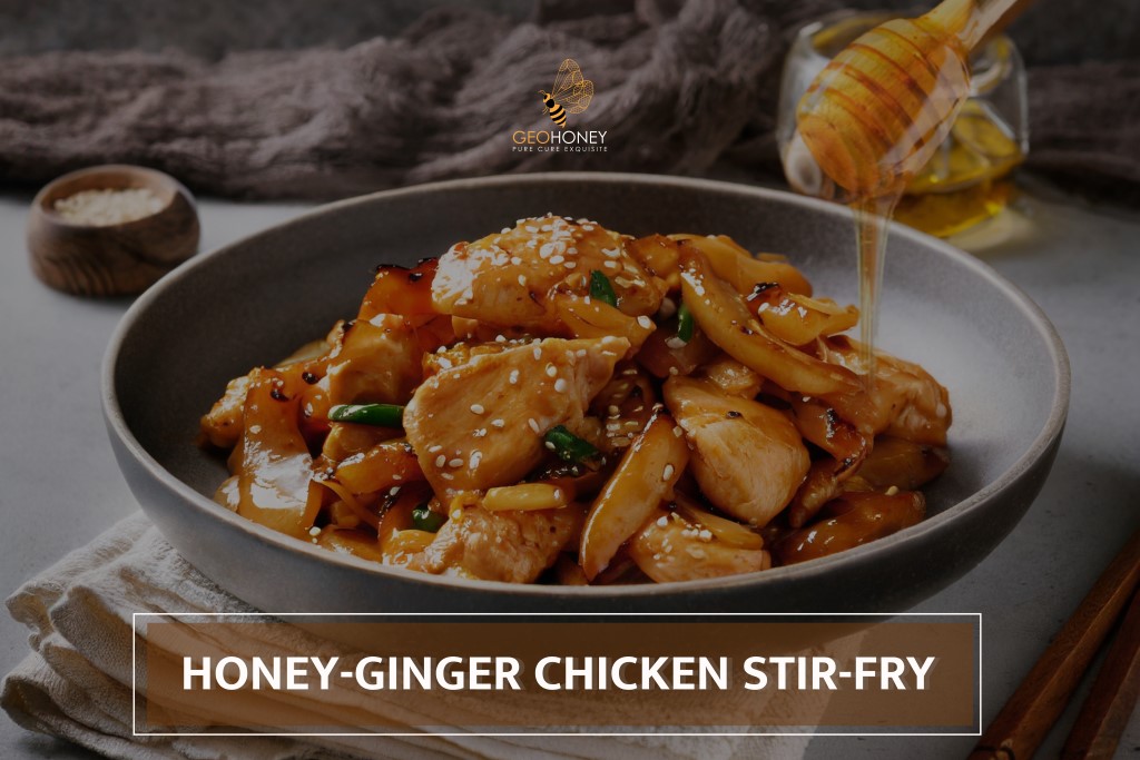 A plate of Honey-Ginger Chicken Stir-Fry with tender chicken, colourful vegetables, and a flavorful glaze of honey.