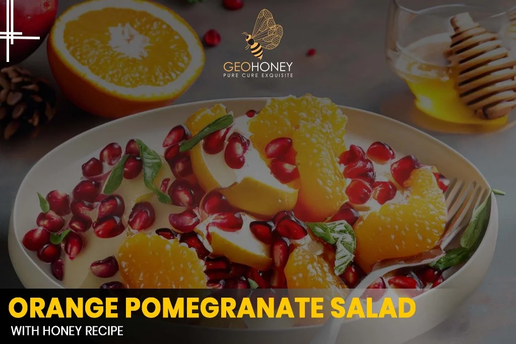 Orange Pomegranate Salad with Honey recipe featuring juicy orange segments, vibrant pomegranate seeds, and a drizzle of golden honey.