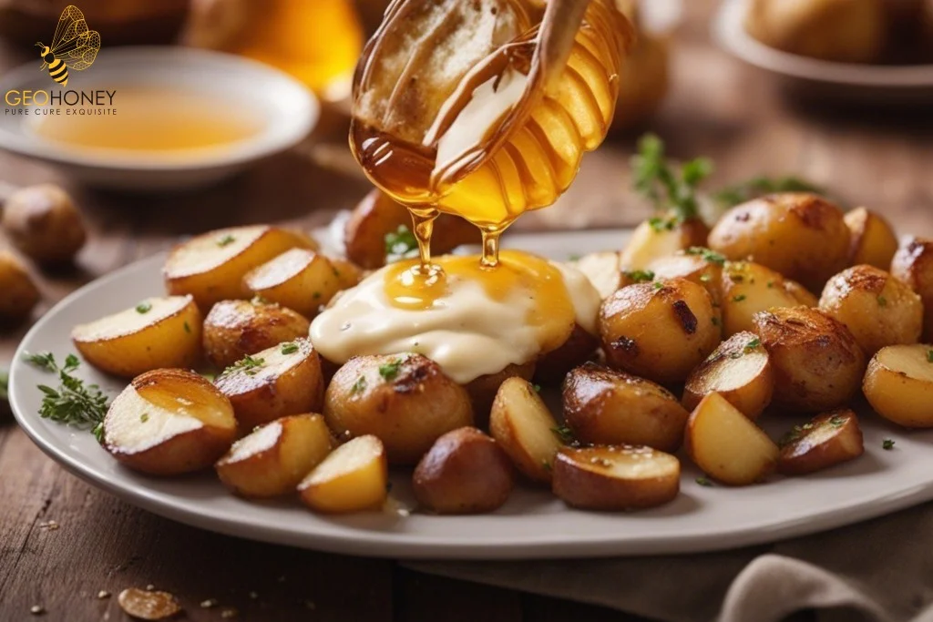 The potatoes are golden brown and crispy, coated in a caramelized glaze made from honey and butter.